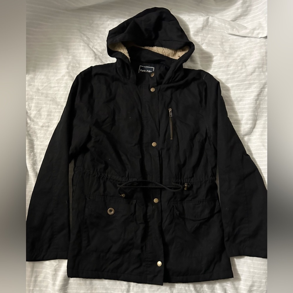 Funky Tribe Outerwear Anorak Jacket Black Hooded W/Faux Fur Lining Size L